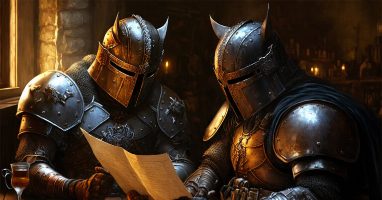 Two fighters in plate armour in the tavern looking very suspiciously at the character sheet with all 18 attribute scores