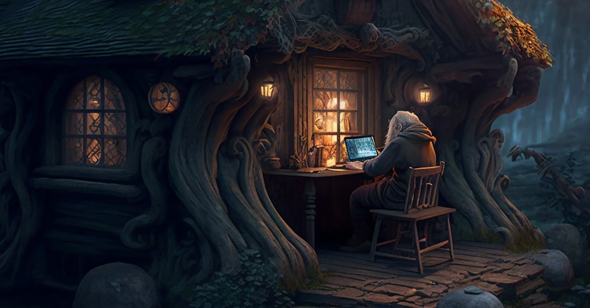 Nestled in an enchanting forest setting, a figure sits at a wooden desk outside a quaint treehouse, deeply engrossed in a glowing laptop. The treehouse, with its curved wooden structure and roof covered in foliage, blends harmoniously with the surrounding nature. Windows emit a warm light, matching the soft glow of the lanterns that adorn the scene. It's a serene image that whimsically combines the rustic charm of a fantasy setting with the modern reality of technology. The ambiance is one of tranquility and concentration, as if the figure is searching for ancient wisdom within the realms of the digital world.