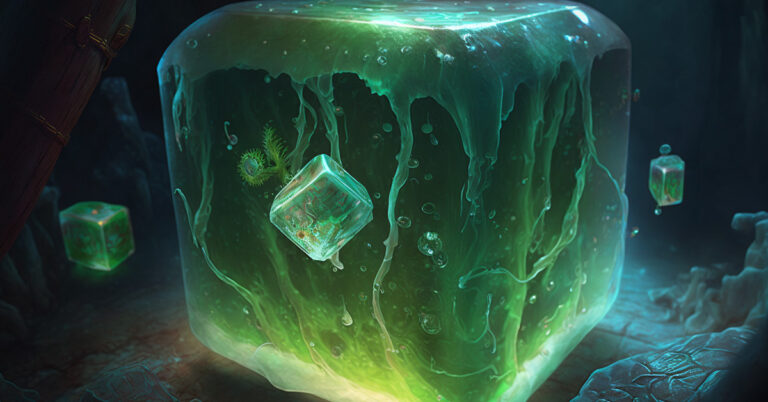 A green gelatinous cube in a dungeon