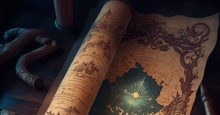 Unfurled on a wooden table is an intricately detailed fantasy map, styled in a manner reminiscent of old cartographic designs. The parchment features stylized drawings of mountain ranges, landmasses, and ornate embellishments around the edges, with a prominent compass rose glowing luminously. The map is surrounded by what appears to be the dark wood grain of a tabletop and the handles of tools or weapons, suggesting a planning or strategy session for an adventure. The lighting is moody, highlighting the map's details and the golden hues of the paper.