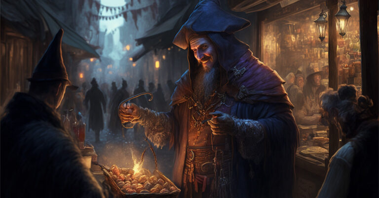 A sorcerer using Prestidigitation to barter at a stall