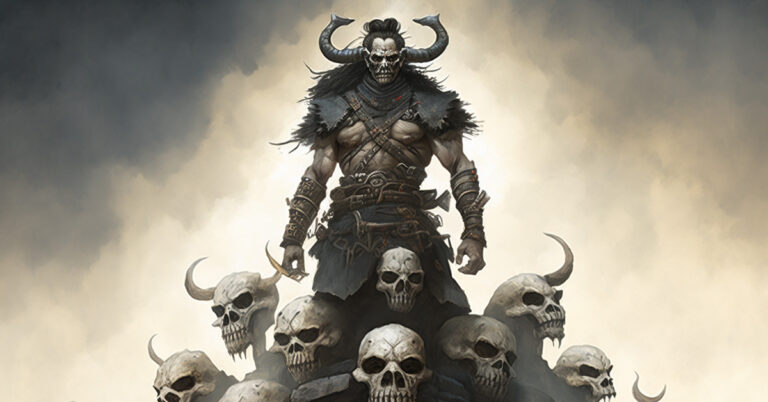 A Barbarian standing on top of a pile of skulls, probably levelled up and ready to take an Ability Score Improvement