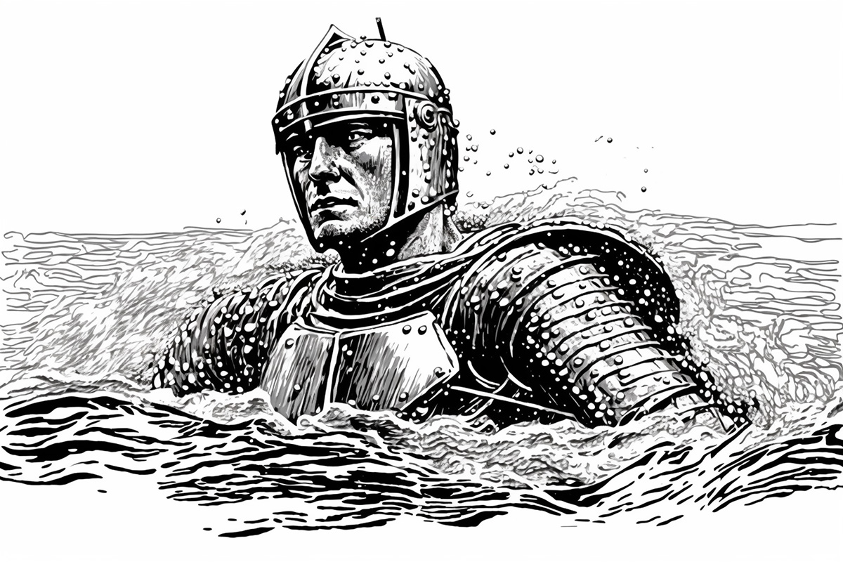 A fighter in heavy armour in the water that is probably going to drown