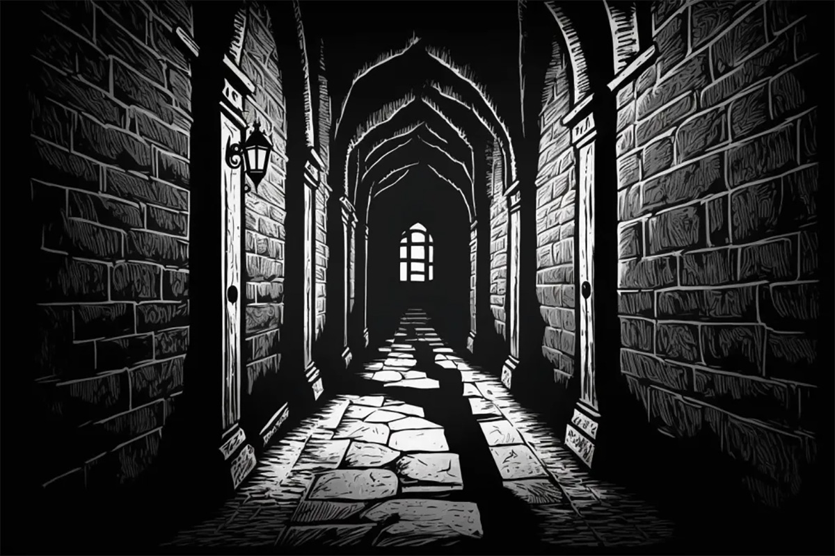 A rogue lying in wait inside a castle corridor inside an invisible Bag of Holding.
