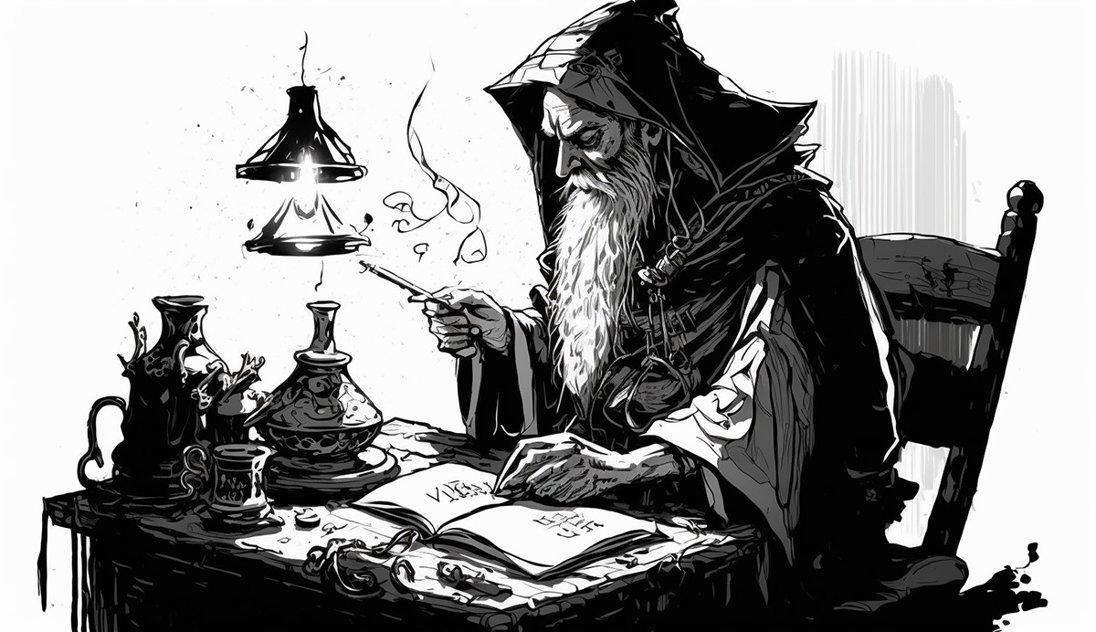 A wizard scribing a spell scroll