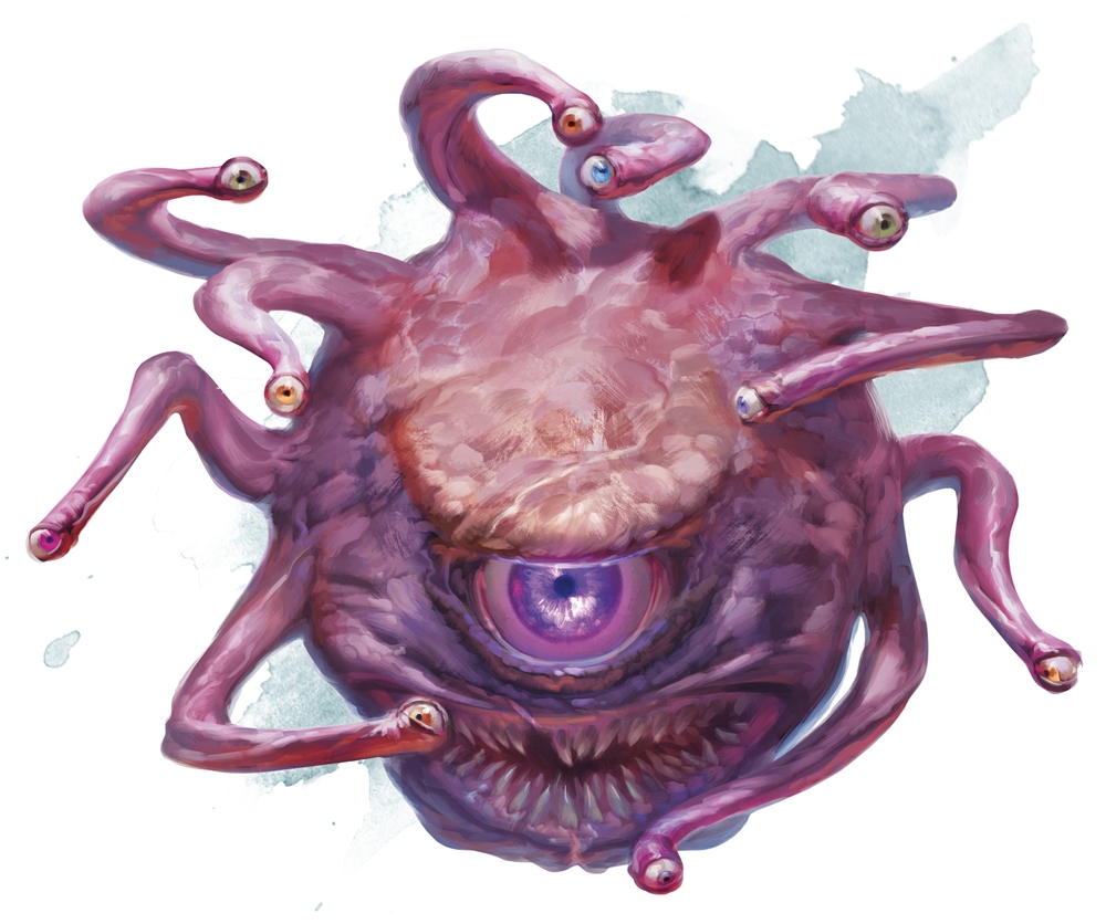 A vividly colored illustration shows a Beholder from the Dungeons & Dragons fantasy role-playing game. The creature has a bulbous, central body shaded in hues of pink and purple, with wrinkled, flesh-like texture. It features a prominent, oversized central eye that emits a violet glow, and a large, fanged mouth beneath it. Several flexible eye stalks extend from the top and sides of its body, each tipped with a smaller eye that has a distinct, focused iris. The background is minimal, with light washes of blue and white, giving the impression that the creature is floating or airborne.