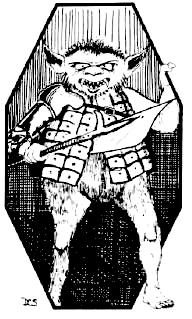 A black and white ink drawing depicts a bugbear, a fantasy creature known in the Dungeons & Dragons game. It's shown grinning menacingly, holding a large sword that appears too big for its size. The bugbear has a furry body, pointed ears, and small, dark eyes, adding to its goblin-like appearance. It wears a checkered tunic with no sleeves, and its posture is confident and challenging. The drawing is framed within a coffin-like hexagonal border, accentuating the creature's eerie and ominous presence.