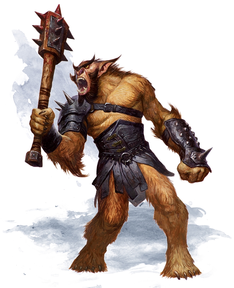 An illustration presents a bugbear, a creature from Dungeons & Dragons. The bugbear is depicted in mid-roar, with a fearsome expression on its canine-like face and pointed ears angled back. It wields a large, spiked club in its right hand, raised as if ready to strike. The creature's body is muscular and covered with shaggy brown fur. It wears a simple, dark kilt with a studded belt and matching bracers on its wrists, suggesting a primitive armor. Its stance is wide and aggressive, enhancing the menacing quality of its pose. The background is a muted wash of gray and white, resembling a cloudy sky or foggy backdrop.