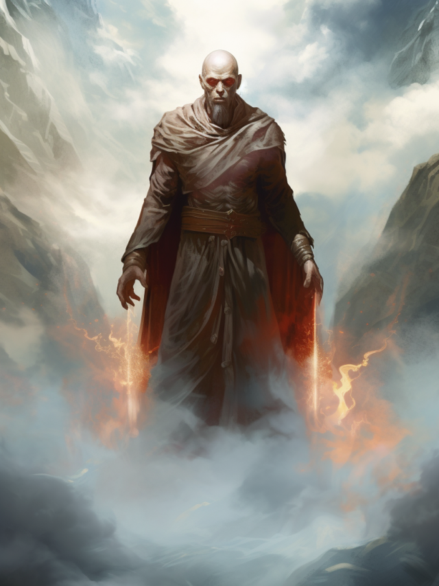 A powerful, bald figure standing amidst swirling clouds and a dramatic sky. The character, who has a stern expression and glowing red eyes, is wearing a long, dark robe with red accents that suggest a regal or mystical status. Embers and fiery energy emanate from his hand, hinting at his command over fire or some form of destructive power. The backdrop includes towering mountains and a tumultuous sky, which could imply he is at a great height or in a location of significant power. The overall composition conveys a sense of awe and possibly foreboding, centered around the character's formidable presence.