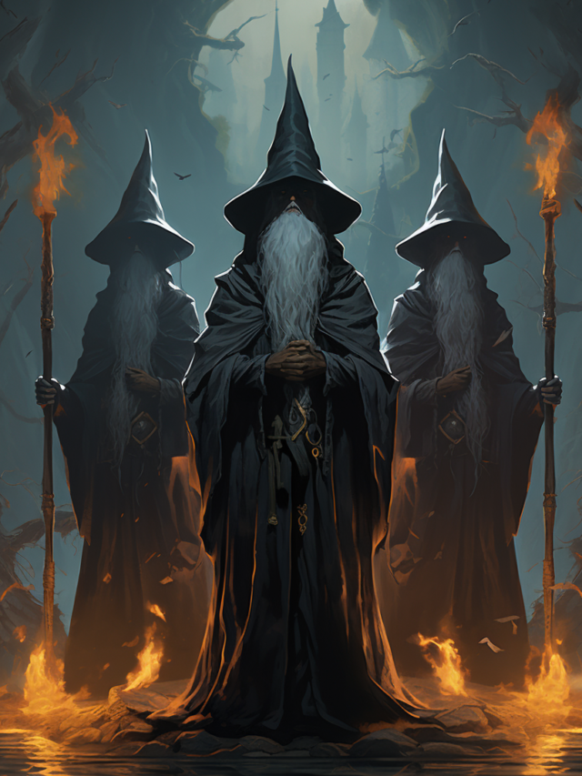 Three figures resembling wizards or sorcerers standing side by side. They are dressed in long, flowing dark cloaks and pointed hats, classic attire associated with a fantasy mage. Each holds a staff; the one on the left bears a staff topped with a flame, while the middle and right figures hold staves that are more traditional in appearance. The central figure is facing forward, and only the long white beard is visible beneath the shadow of the hat, suggesting an air of mystery and wisdom. The background is a somber, blue-tinged scene with silhouetted, twisted trees and a gloomy castle in the distance, which, along with the flying birds, adds to the gothic fantasy atmosphere. Flames lick the ground near the wizards, casting an eerie glow and reflecting off a shiny surface that appears to be water, adding a dramatic effect to the overall dark and mystical environment.