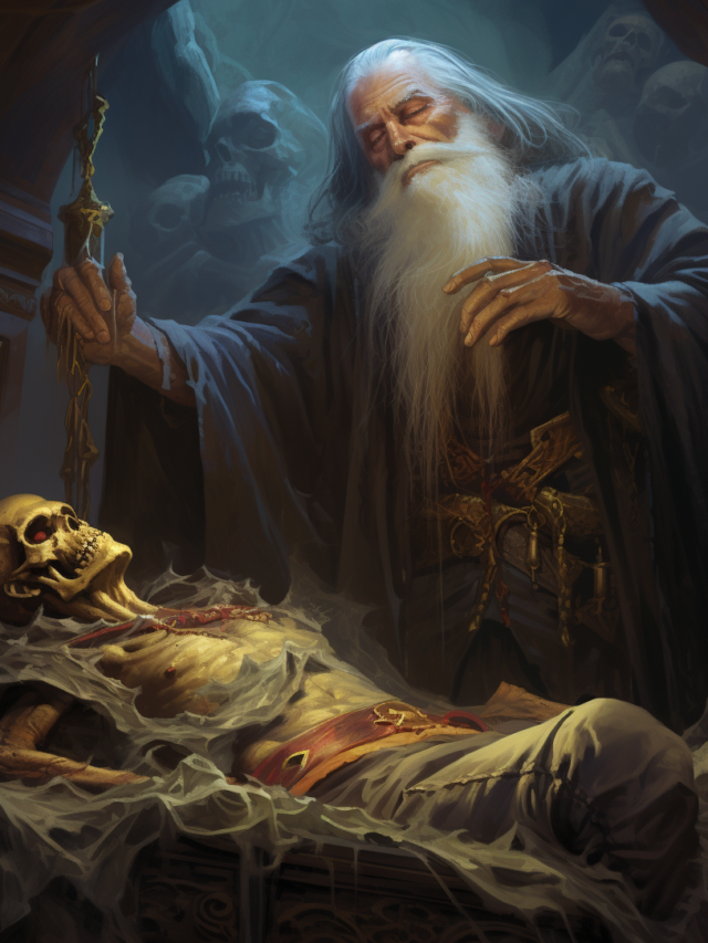 A venerable wizard with a long white beard and a solemn expression conducts a mystical ritual over a lifeless body lying on an altar. In one hand, he holds a staff from which an ethereal light emanates, casting a glow on the scene. The body is adorned in red and gold ceremonial garb, suggesting nobility or importance. Ghostly apparitions of skulls loom in the background, enhancing the macabre and supernatural atmosphere of the setting. The wizard's closed eyes and the peaceful countenance of the corpse imply a reverence for the ritual being performed. The artwork conveys a strong sense of narrative, capturing a moment steeped in fantasy lore and the arcane.