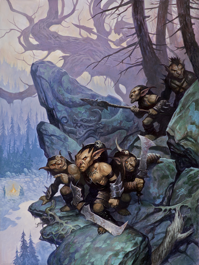 The artwork captures a group of goblins poised on a rocky outcrop, with a misty, forested landscape stretching out behind them. These goblins are equipped for battle, wearing armor and wielding sharp, jagged weapons. Their expressions are fierce and focused, with the central goblin squatting at the forefront, leading the pack. The surrounding trees are barren and twisted, contributing to the ominous atmosphere. In the background, the forest recedes into a hazy fog, with hints of a campfire glowing faintly in the distance. The palette is dominated by cool tones, creating a sense of dampness and chill that suits the goblins' stealthy, menacing demeanor.