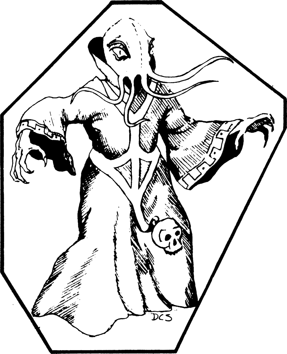 A black and white ink drawing captures a mindflayer from Dungeons & Dragons. Enclosed within a hexagonal border, the creature is depicted with its distinctive octopus-like head and tentacles that hang around where a human's mouth would be. Its eyes are simple and dark, adding to its mysterious visage. The mindflayer wears a flowing robe adorned with patterns and a medallion featuring a skull at the center of its chest, suggesting a high rank or status. One arm is bent at the elbow and raised slightly, while the other is extended outward, both ending in clawed hands. The artist's initials, "DCS," are in the lower corner, indicating their signature on the work. The style is reminiscent of early fantasy illustrations with its bold lines and dramatic shading.