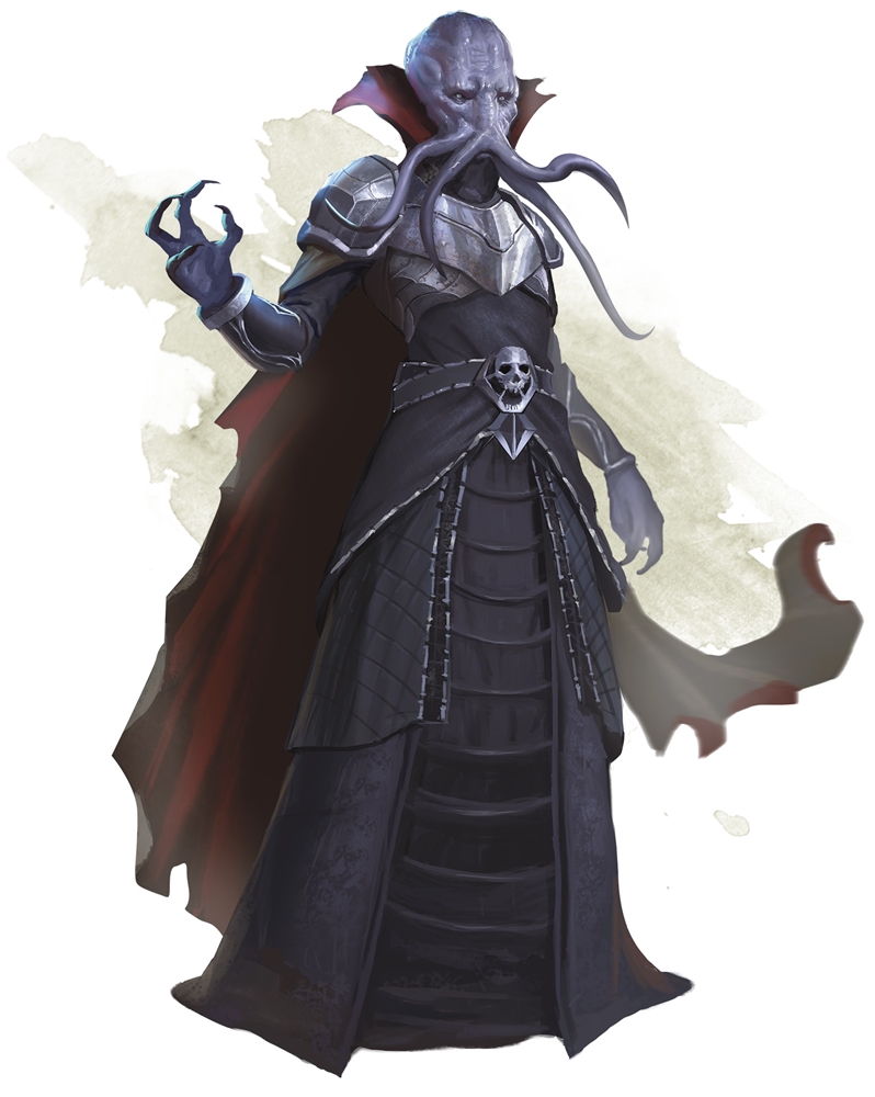 mindflayer, a classic adversary in Dungeons & Dragons lore. The creature stands with an imposing stature, draped in a regal, flowing robe with a high collar and a red lining that flares out dramatically. Its skin is a smooth, pale grey, and its head features octopus-like tentacles where a mouth would be. It has deep-set white eyes lacking pupils, which contribute to its alien appearance. The mindflayer's armor is ornate, with shoulder pauldrons and a breastplate that carry a skull motif, and its left hand is raised in a menacing gesture, with long, claw-like fingers extended. The background is understated, with a soft wash of color that highlights the figure without competing for attention.