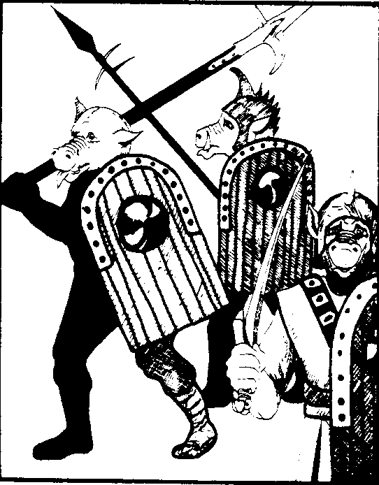 A black and white line drawing of three orcs from the Dungeons & Dragons game, prepared for battle. The orcs are shown in profile, marching from right to left. Each orc is equipped with armor and round shields bearing a crescent moon emblem, and the lead orc carries a spear. Their armor is adorned with studs, and they wear helmets with horn-like decorations. The orcs' expressions are fierce, with snarling mouths and intense gazes. Their gear and marching pose convey a sense of unity and aggression. The image has a graphic quality typical of early role-playing game illustrations, emphasizing outlines and bold contrasts.