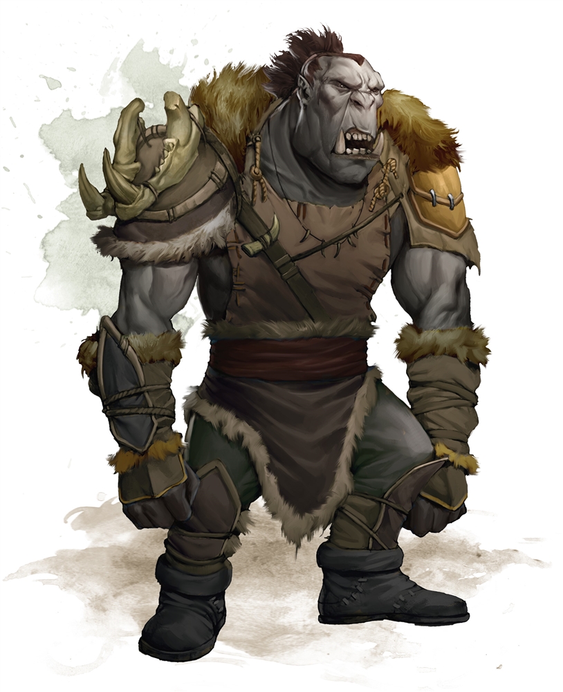 an orc from the fantasy role-playing game Dungeons & Dragons. The orc is portrayed as a muscular creature with greenish-grey skin and a grimacing facial expression, featuring small red eyes, a flat nose, and protruding lower tusks. It is clad in heavy, fur-lined armor with shoulder guards and bracers, and a brown tunic underneath. The orc's armor is functional rather than ornate, hinting at a utilitarian lifestyle. Its right hand is raised with fingers curled as if grasping an unseen object, and it wears a collection of bone and tooth necklaces, which may signify trophies or a form of rank. The background is a soft, undefined splash of color, giving the impression that the orc is standing in an open, possibly snowy space.