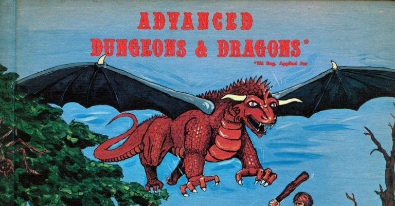 The cover of the "Advanced Dungeons & Dragons Monster Manual" is illustrated with a variety of fantastical creatures. A large red dragon with extended wings dominates the upper right, brandishing a club, next to the bold red title text. Below, a majestic unicorn with a golden mane stands on the left, while a green, lizard-like creature with a staff and a bird-like monster with a wide beak are on the right. The book's author, Gary Gygax, is credited at the bottom. The background depicts a serene outdoor scene with trees, sky, and a cliff edge.