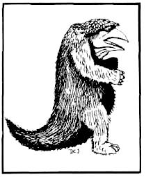 A monochromatic ink drawing captures a fantastical creature known as an owlbear, standing upright. It features the body and claws of a bear, with the head of an owl, complete with a sharp beak and intense eyes. The creature's fur is rendered with heavy, textured strokes, emphasizing its wild and untamed nature. Its pose is animated, with its mouth open in a roar or screech, and its large claws held out in front, suggesting aggression or a defensive stance. The simple background of the image focuses all attention on the detailed depiction of this mythical beast.