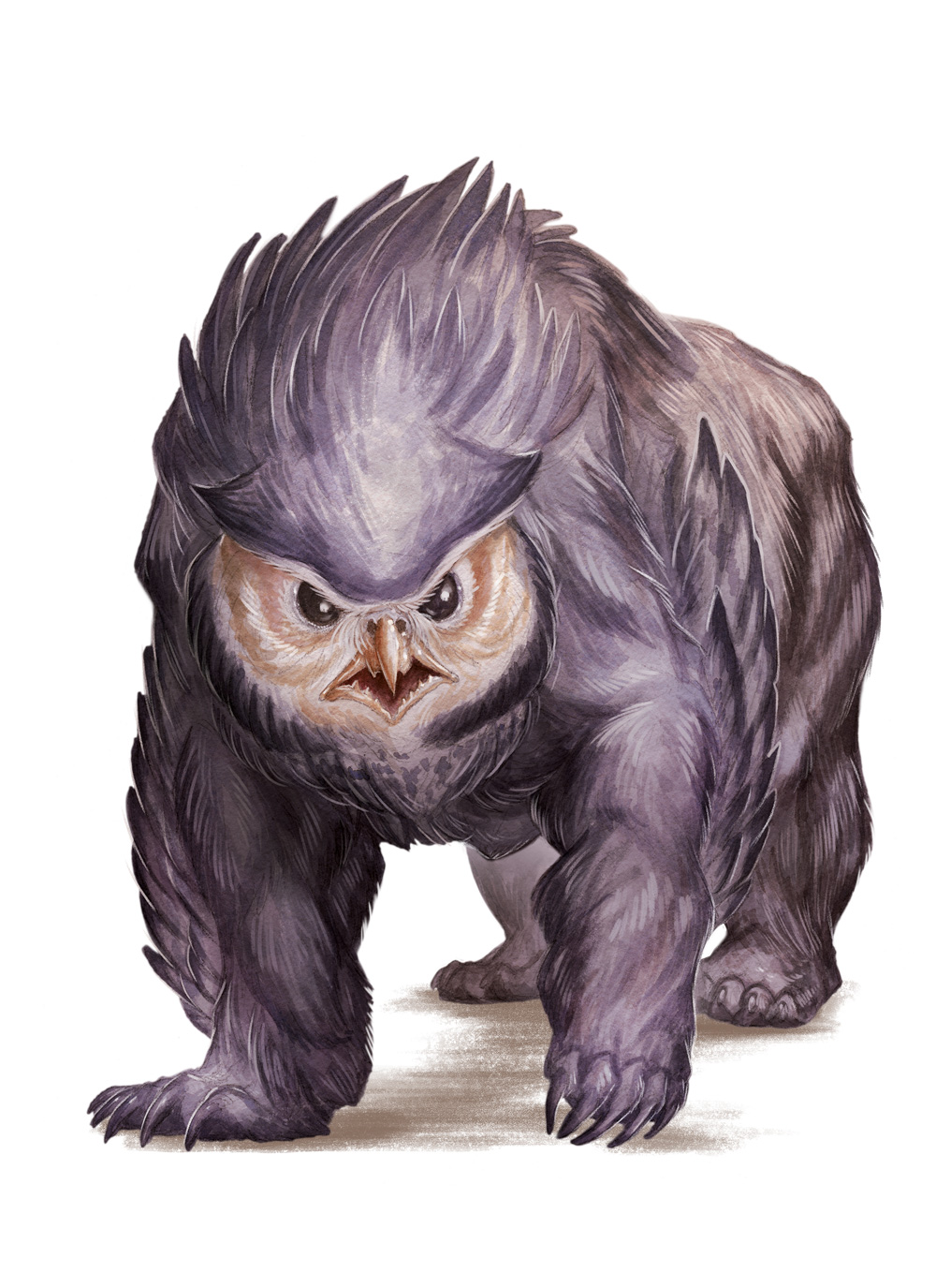 A creature with a unique blend of bear and owl features is shown in a stance that suggests readiness for action. It possesses a bear's hefty, powerful body, covered in thick, purple-tinged fur. The head is that of an owl, with a sharp beak and intense, forward-facing eyes, and the feathered tufts characteristic of an owl's ears rise prominently from the top of its head. Its forelimbs are muscular with large claws, poised as though it's about to pounce or defend itself. The expression on the creature's face is one of focused determination, and its overall posture conveys both strength and a primal nobility.