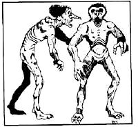 Two gaunt figures, resembling emaciated trolls, are depicted in a stark black and white drawing. Their bodies are lean with visible ribs and sunken abdomens, showcasing a grotesque degree of thinness. Both creatures have long, thin arms and legs, with one troll standing upright and the other hunched over. The standing troll’s head is cocked to the side, its facial features twisted in an expression of hunger or aggression, while the hunched troll extends one claw-like hand forward. Each figure bears patchy textures that suggest a roughness or irregularity to their skin, typical of depictions of trolls in fantasy lore. The simplicity of the line work and the lack of background detail direct all focus to the stark physical characteristics of the creatures.