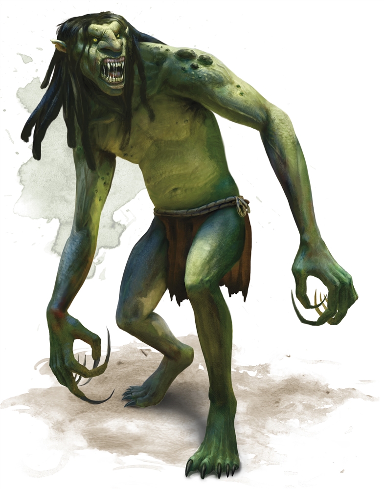 A towering troll looms forward, its skin a mottled green with darker green patches. The creature's lanky body is hunched, with one oversized hand reaching towards the ground, showcasing long, curved claws. Its other hand is raised slightly, echoing the pose of its counterpart. The troll's face is contorted into a malevolent grin, revealing pointed teeth, and its nose is flat and broad. Ragged, dark hair falls around its shoulders, and its eyes are narrowed and yellow, adding to its menacing expression. It wears a simple loin cloth secured by a rope belt. The background is minimal, with a faint wash of color, focusing attention on the troll's detailed musculature and textured skin.