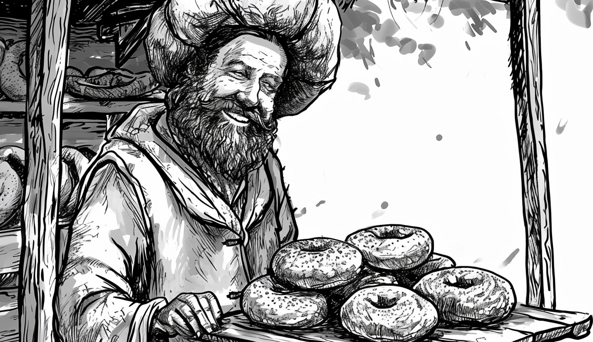 An illustration of a cheerful, bearded man wearing a hat and presenting a tray of bagels. The man appears to be a vendor or a baker, standing next to a shelf stocked with more baked goods. The style is monochromatic, using black and white with shades of gray, giving a classic and etched look. Leaves suggest an outdoor or semi-outdoor setting, possibly a market.