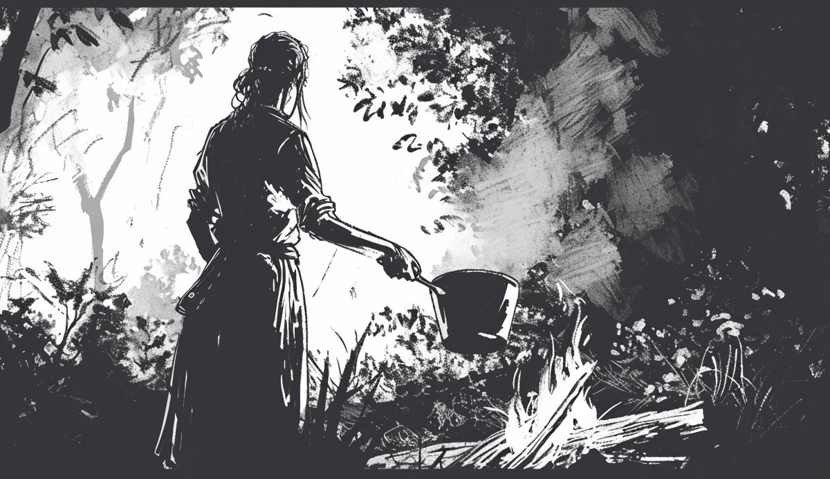 The image is a monochromatic illustration showing a person in a natural outdoor setting, seemingly in the process of cooking over an open fire. The individual is standing, facing away from the viewer, holding a pot over the flames. The environment is wooded, with trees and foliage lightly sketched in the background, creating a tranquil and rustic atmosphere. The use of light and shadow gives the scene a dramatic and moody effect, emphasizing the solitude of the figure amidst the wilderness.