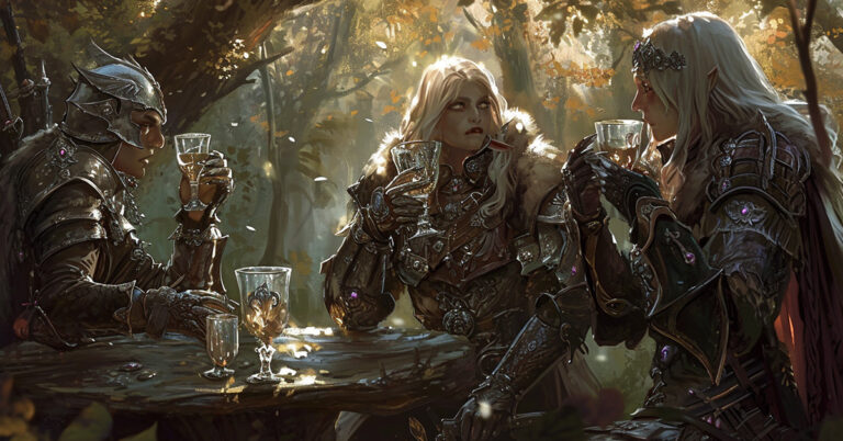 three elves clad in ornate, embellished armor, seated around a wooden table in a forest glade dappled with sunlight. The elf in the foreground has a contemplative expression, holding a crystal glass filled with a clear liquid. To the right, a female elf with pale blonde hair and a crown of silver sips from her glass with a straw, her gaze distant. The third elf, also with long blonde hair and fine armor, delicately holds a glass to their lips. The table is adorned with fallen leaves, reflecting the woodland setting, and the scene conveys a moment of respite and elegance.