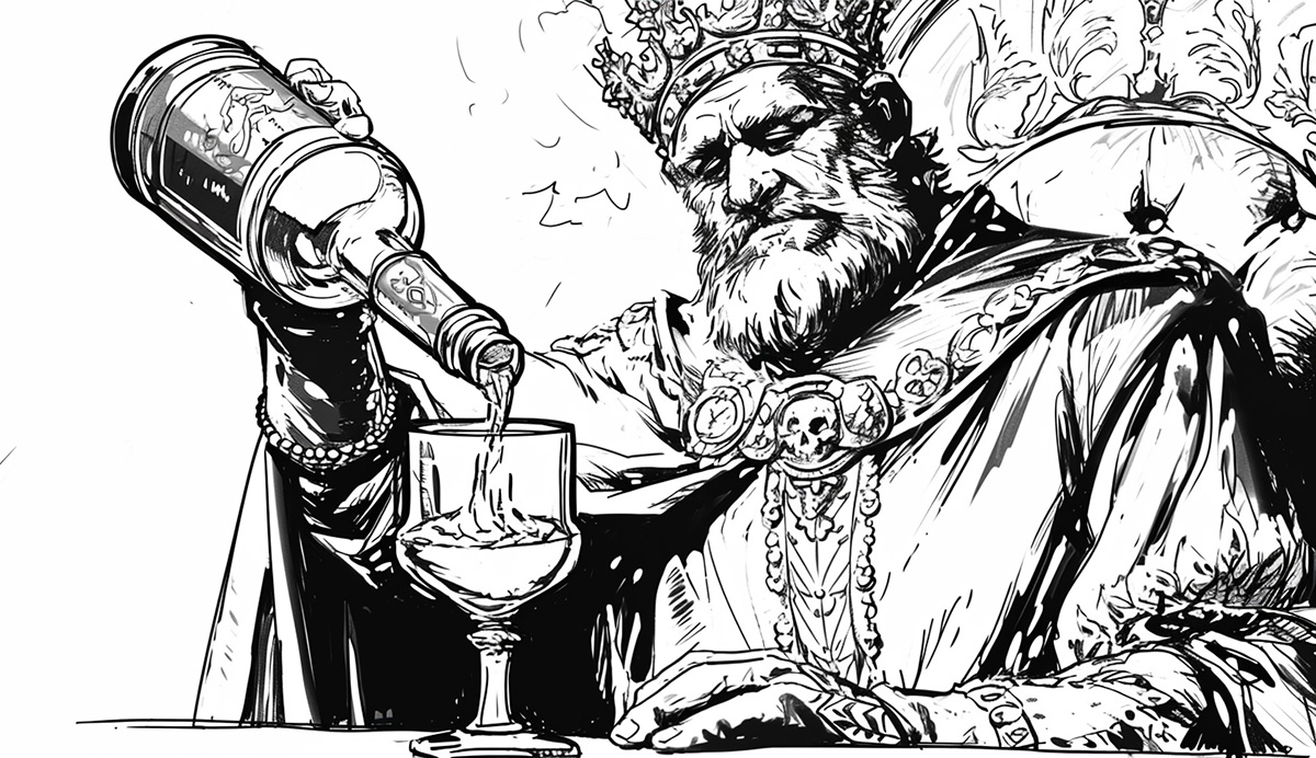An illustration in black and white depicts a regal figure, possibly a king or noble, pouring a bottle of wine into a glass. The character has a full beard and wears a crown, along with a highly decorated robe adorned with what appears to be a skull motif and various embellishments, suggesting a sense of power and wealth. The image captures a moment of indulgence or celebration, rendered in a detailed, graphic style that conveys texture and contrast.