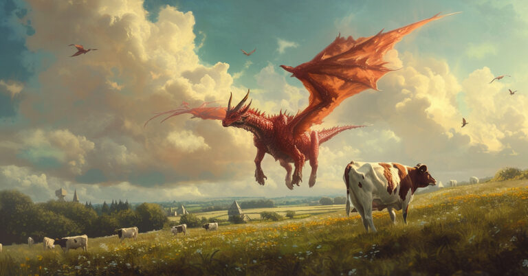 a red dragon descending upon a pastoral landscape dotted with grazing cattle. The dragon's massive wings are outstretched, its scales exhibit a detailed texture, and it emanates an imposing presence as it surveys the land below for potential food. The tranquil countryside, with its rolling fields, distant homesteads, and scattered livestock, contrasts sharply with the dragon's intimidating appearance, highlighting a scene where the world of fantasy intersects with a serene pastoral life.